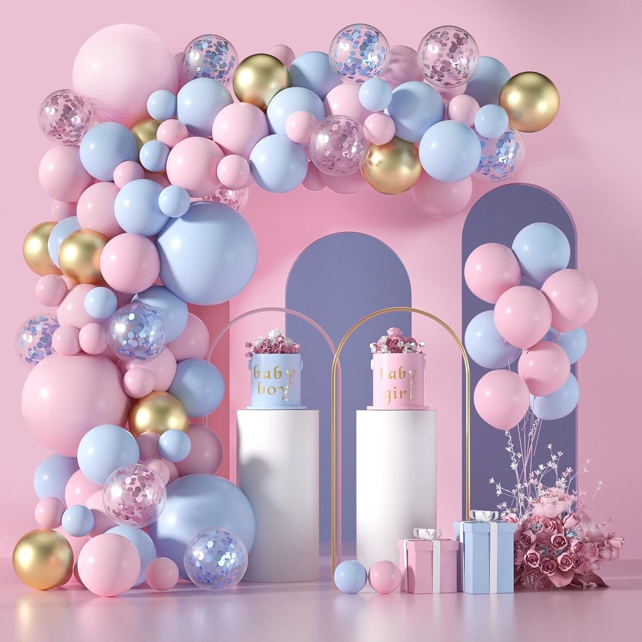 Light Pink and Blue Balloon Garland Arch Kit-130 PCS 5+12+18 Inch Pink Blue Confetti Gold Latex Balloons Gender Reveal Balloons For Boys Girls Gender Reveal Decorations Baby Shower Decorations